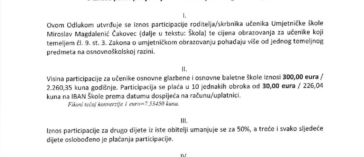 Odluka o iznosu participacije i cijeni obrazovanja za šk. god. 2023.-24.